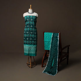 Green - Kutch Tie-Dye Cotton Satin 3pc Unstitched Bandhani Dress Material Suit Set 26