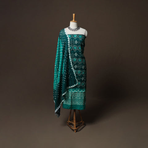 Green - Kutch Tie-Dye Cotton Satin 3pc Unstitched Bandhani Dress Material Suit Set 26