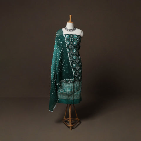 Green - Kutch Tie-Dye Cotton Satin 3pc Unstitched Bandhani Dress Material Suit Set 27
