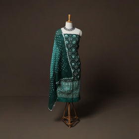 Green - Kutch Tie-Dye Cotton Satin 3pc Unstitched Bandhani Dress Material Suit Set 27