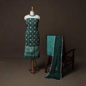 Green - Kutch Tie-Dye Cotton Satin 3pc Unstitched Bandhani Dress Material Suit Set 27