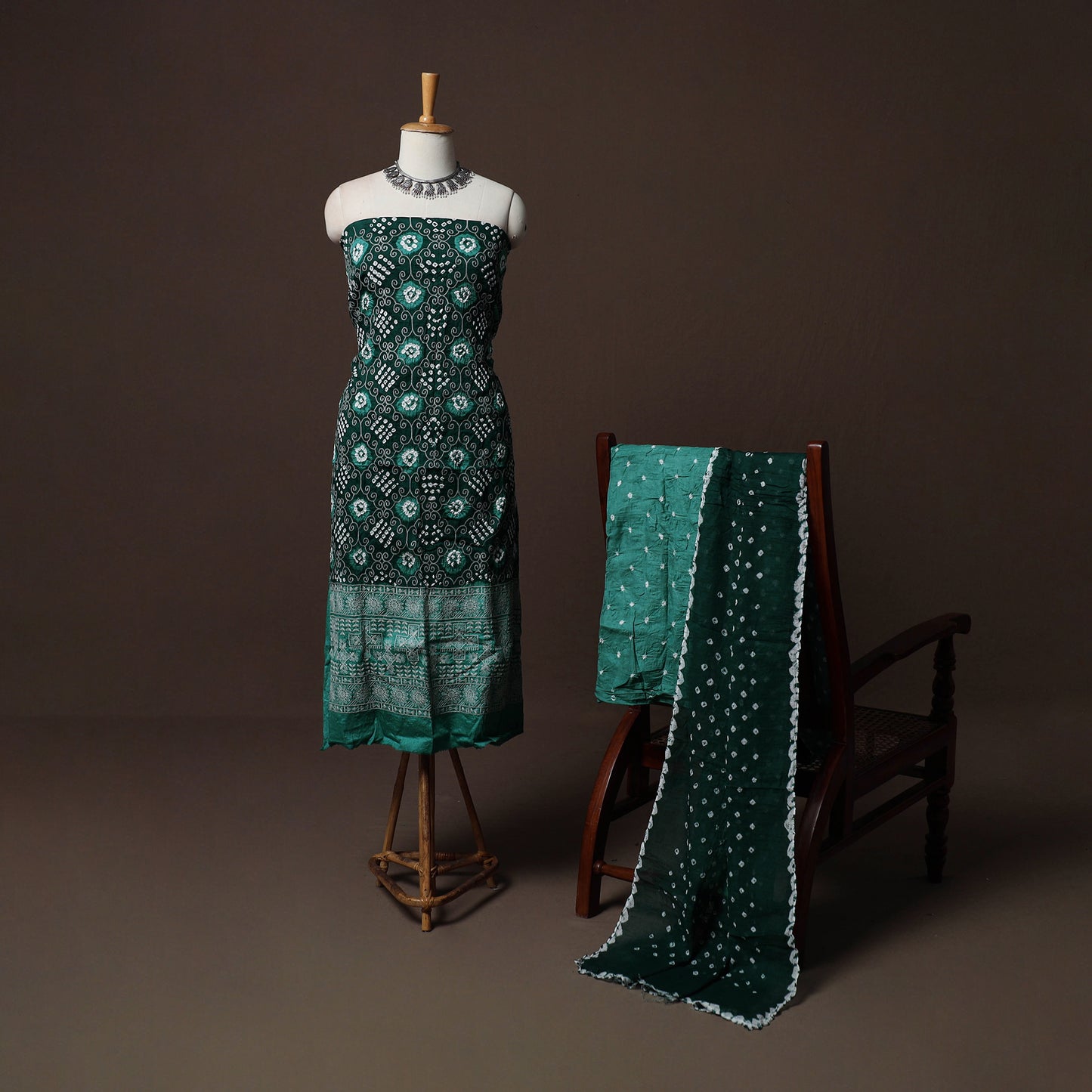 Green - Kutch Tie-Dye Cotton Satin 3pc Unstitched Bandhani Dress Material Suit Set 28