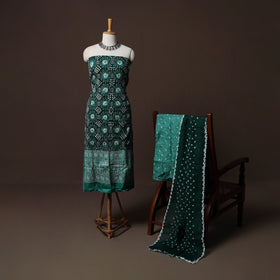 Green - Kutch Tie-Dye Cotton Satin 3pc Unstitched Bandhani Dress Material Suit Set 28