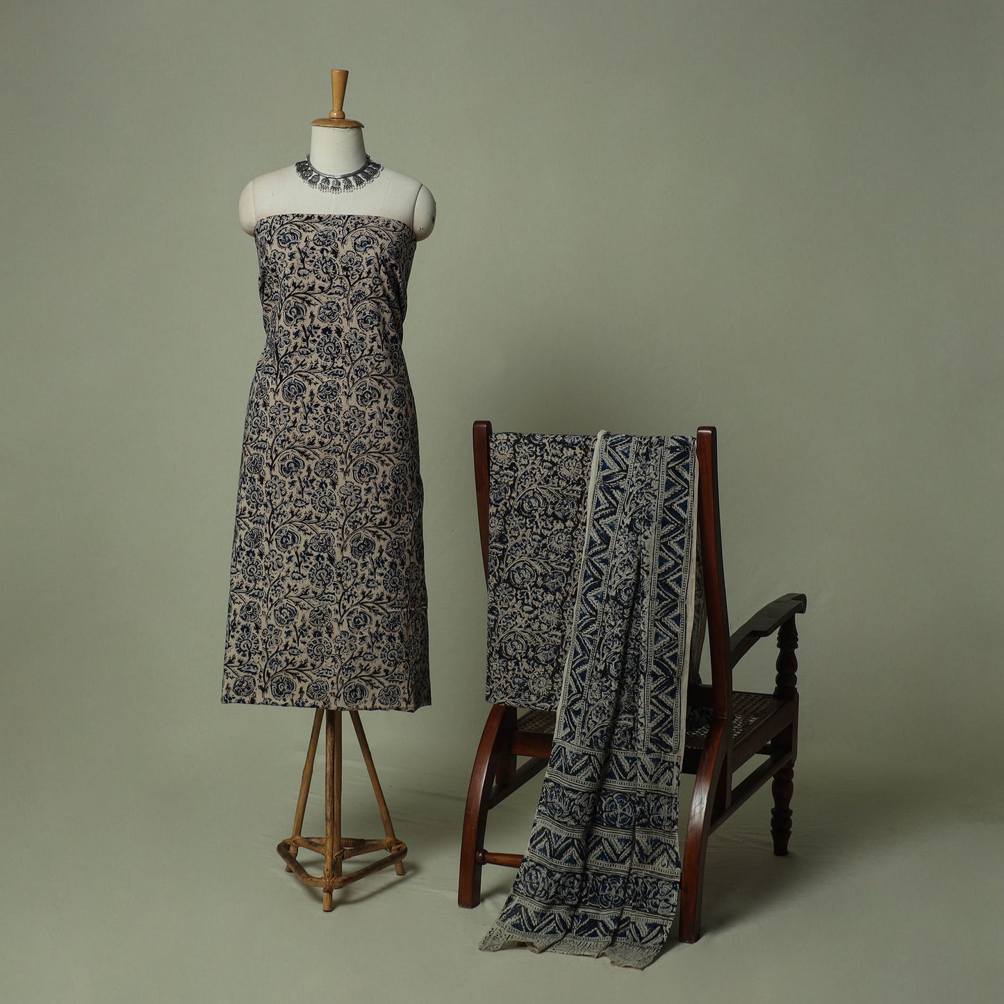 Pedana Kalamkari Hand Block Print Natural Dyed Cotton 3pc Unstitched Dress Material Suit Set 25