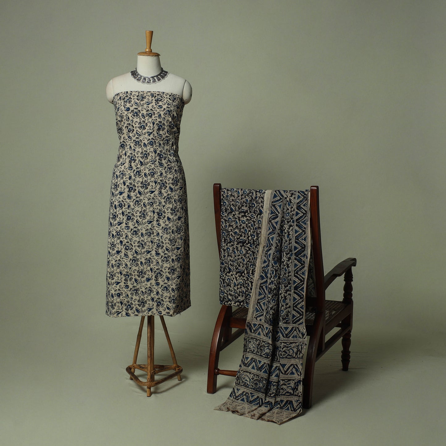 Pedana Kalamkari Hand Block Print Natural Dyed Cotton 3pc Unstitched Dress Material Suit Set 24