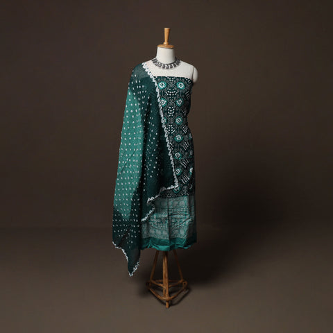 Green - Kutch Tie-Dye Cotton Satin 3pc Unstitched Bandhani Dress Material Suit Set 28