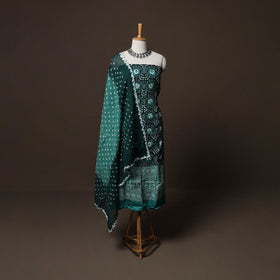 Green - Kutch Tie-Dye Cotton Satin 3pc Unstitched Bandhani Dress Material Suit Set 28