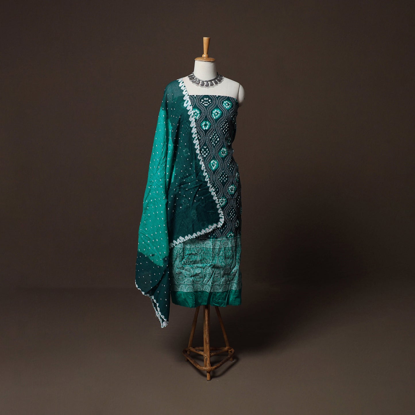 Green - Kutch Tie-Dye Cotton Satin 3pc Unstitched Bandhani Dress Material Suit Set 29