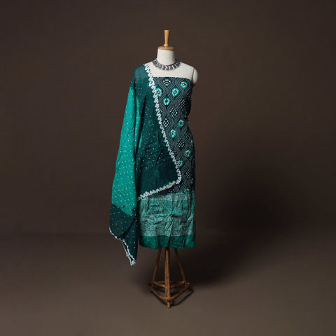 Green - Kutch Tie-Dye Cotton Satin 3pc Unstitched Bandhani Dress Material Suit Set 29