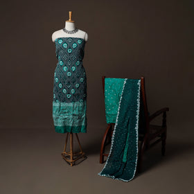 Green - Kutch Tie-Dye Cotton Satin 3pc Unstitched Bandhani Dress Material Suit Set 29