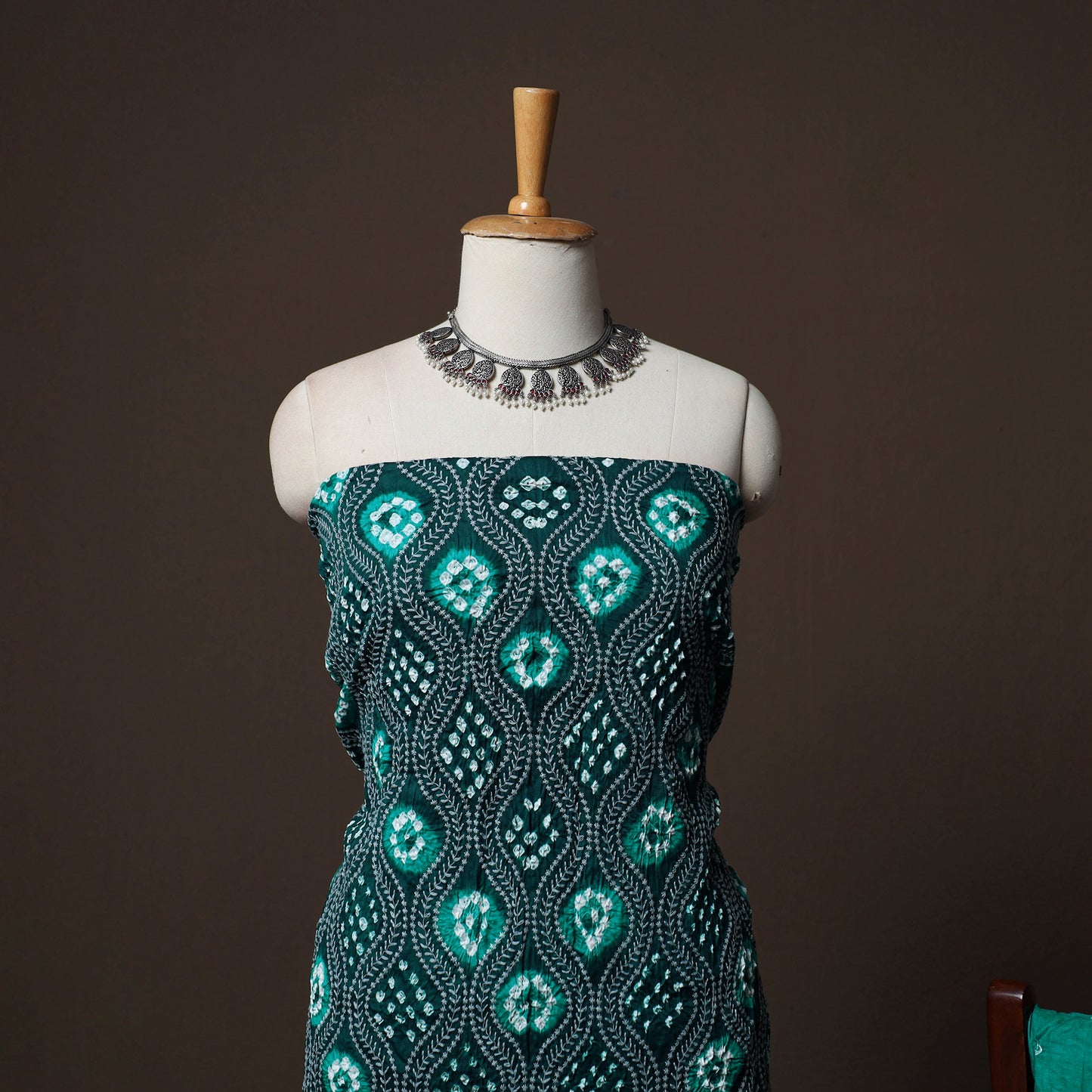 Green - Kutch Tie-Dye Cotton Satin 3pc Unstitched Bandhani Dress Material Suit Set 29