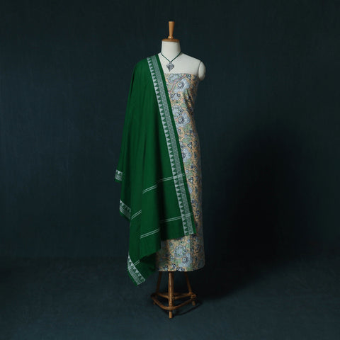 Sanganeri Hand Block Print Cotton 2pc Unstitched Dress Material Kurta Set with Jewellery Set 19