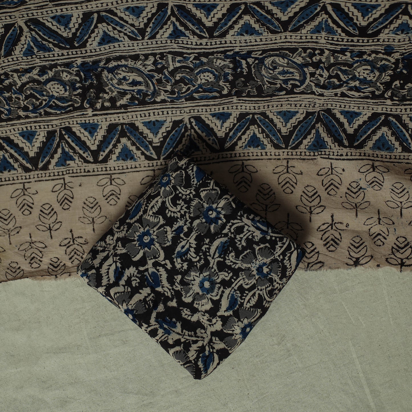 Pedana Kalamkari Hand Block Print Natural Dyed Cotton 3pc Unstitched Dress Material Suit Set 24