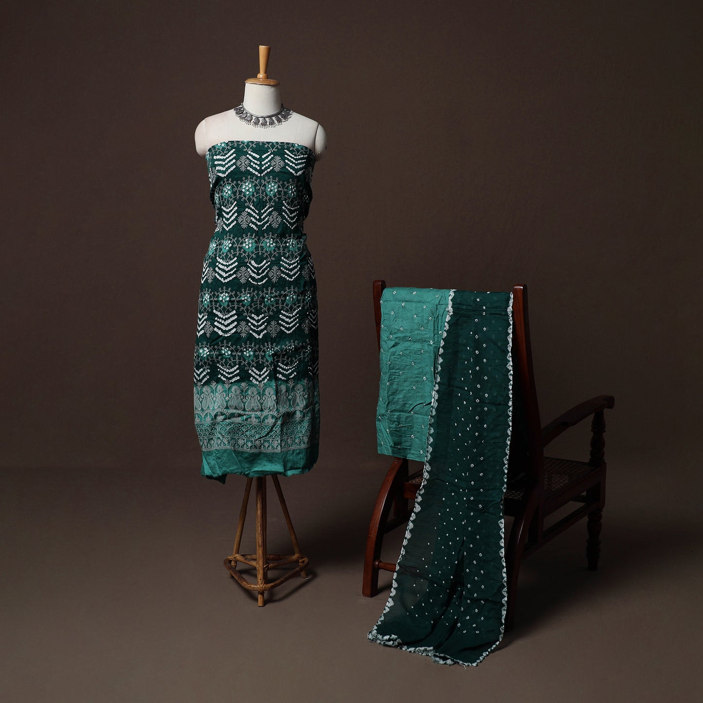 Green - Kutch Tie-Dye Cotton Satin 3pc Unstitched Bandhani Dress Material Suit Set 30