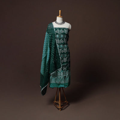 Green - Kutch Tie-Dye Cotton Satin 3pc Unstitched Bandhani Dress Material Suit Set 30
