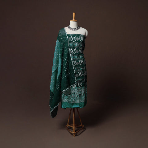 Green - Kutch Tie-Dye Cotton Satin 3pc Unstitched Bandhani Dress Material Suit Set 30