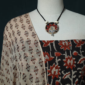 Bagru Hand Block Print Natural Dyed Cotton 2pc Unstitched Dress Material Kurta Set with Jewellery Set 20
