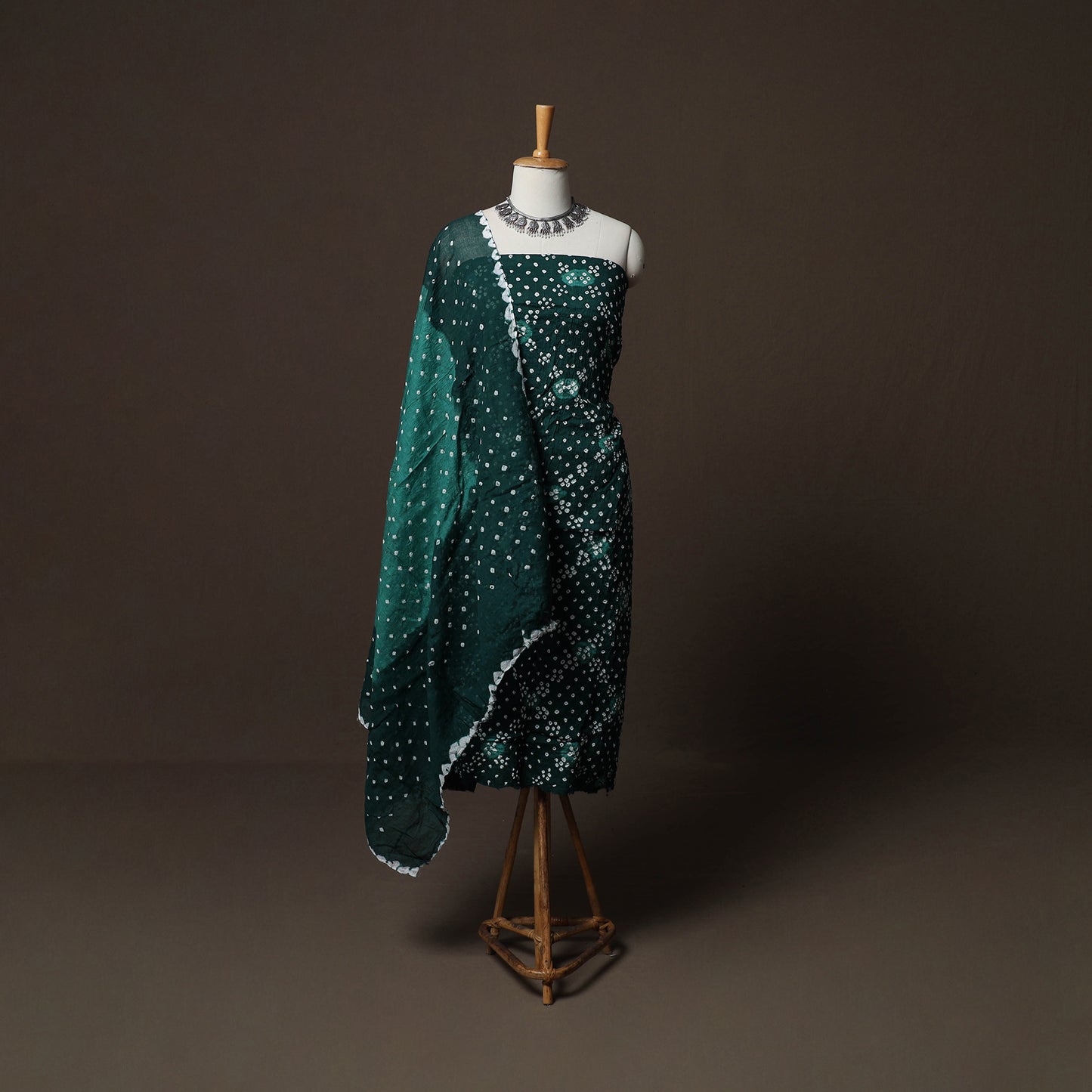 Green - Kutch Tie-Dye Cotton Satin 3pc Unstitched Bandhani Dress Material Suit Set 31