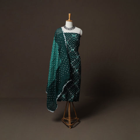 Green - Kutch Tie-Dye Cotton Satin 3pc Unstitched Bandhani Dress Material Suit Set 31