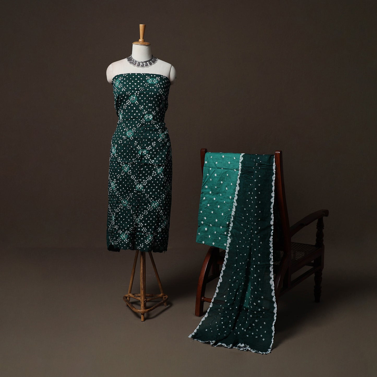 Green - Kutch Tie-Dye Cotton Satin 3pc Unstitched Bandhani Dress Material Suit Set 31