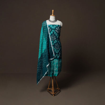 Green - Kutch Tie-Dye Cotton Satin 3pc Unstitched Bandhani Dress Material Suit Set 33