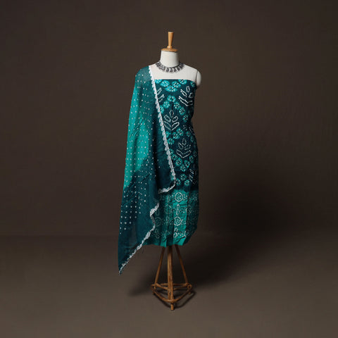 Green - Kutch Tie-Dye Cotton Satin 3pc Unstitched Bandhani Dress Material Suit Set 33