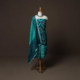 Green - Kutch Tie-Dye Cotton Satin 3pc Unstitched Bandhani Dress Material Suit Set 33