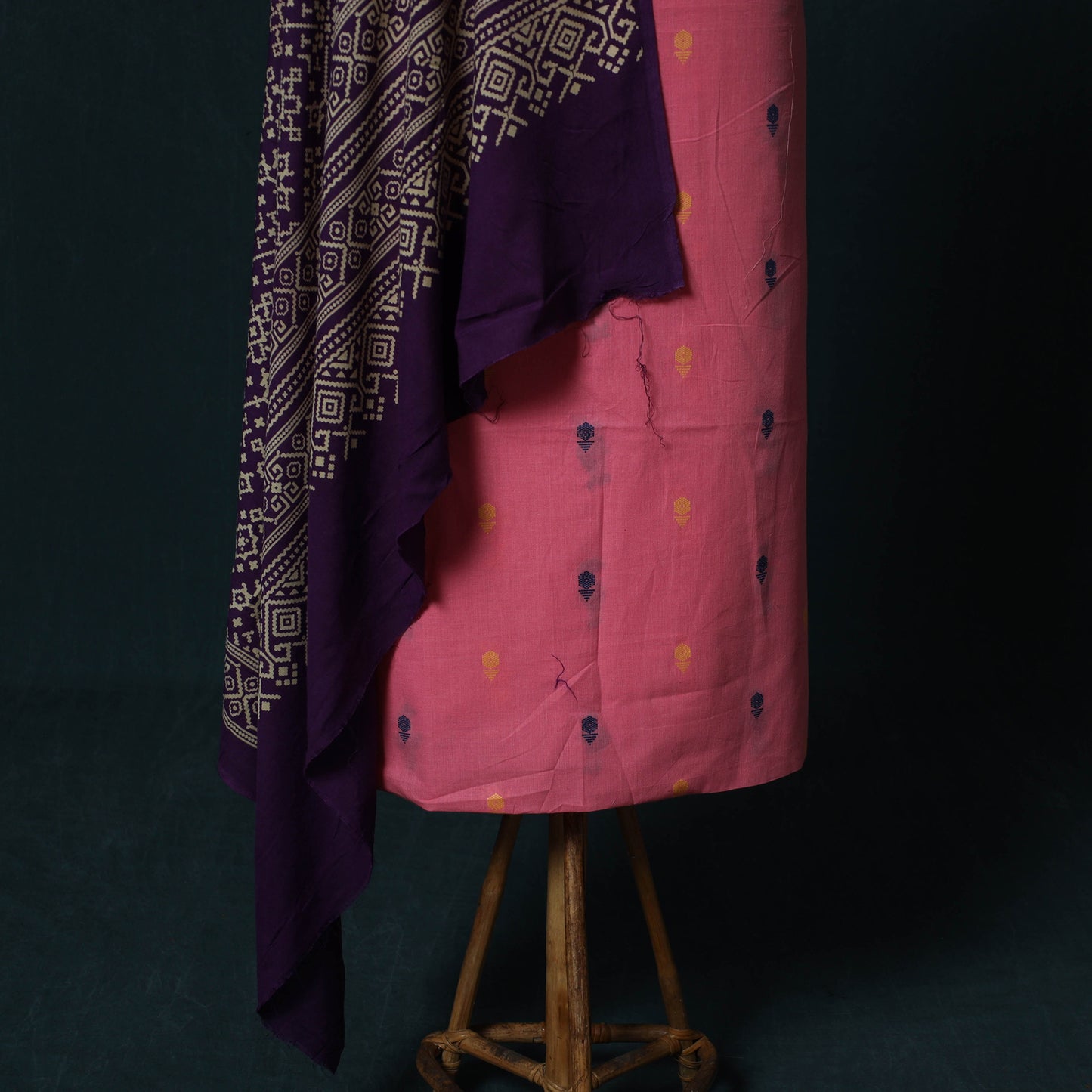 Jacquard Cotton 2pc Unstitched Dress Material Kurta Set with Jewellery Set 22