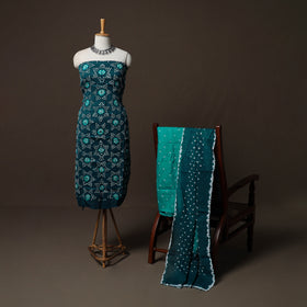 Green - Kutch Tie-Dye Cotton Satin 3pc Unstitched Bandhani Dress Material Suit Set 34