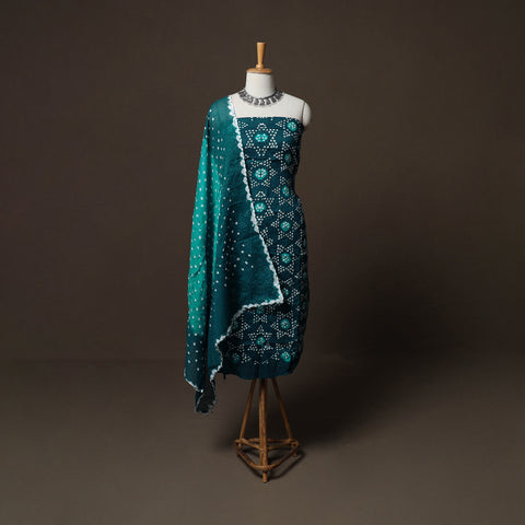Green - Kutch Tie-Dye Cotton Satin 3pc Unstitched Bandhani Dress Material Suit Set 34