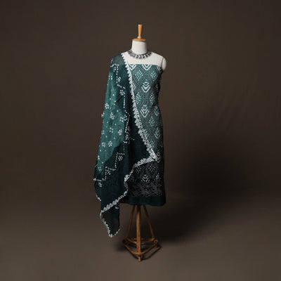 Green - Kutch Tie-Dye Cotton Satin 3pc Unstitched Bandhani Dress Material Suit Set 35