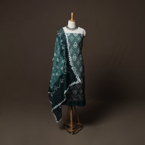 Green - Kutch Tie-Dye Cotton Satin 3pc Unstitched Bandhani Dress Material Suit Set 35