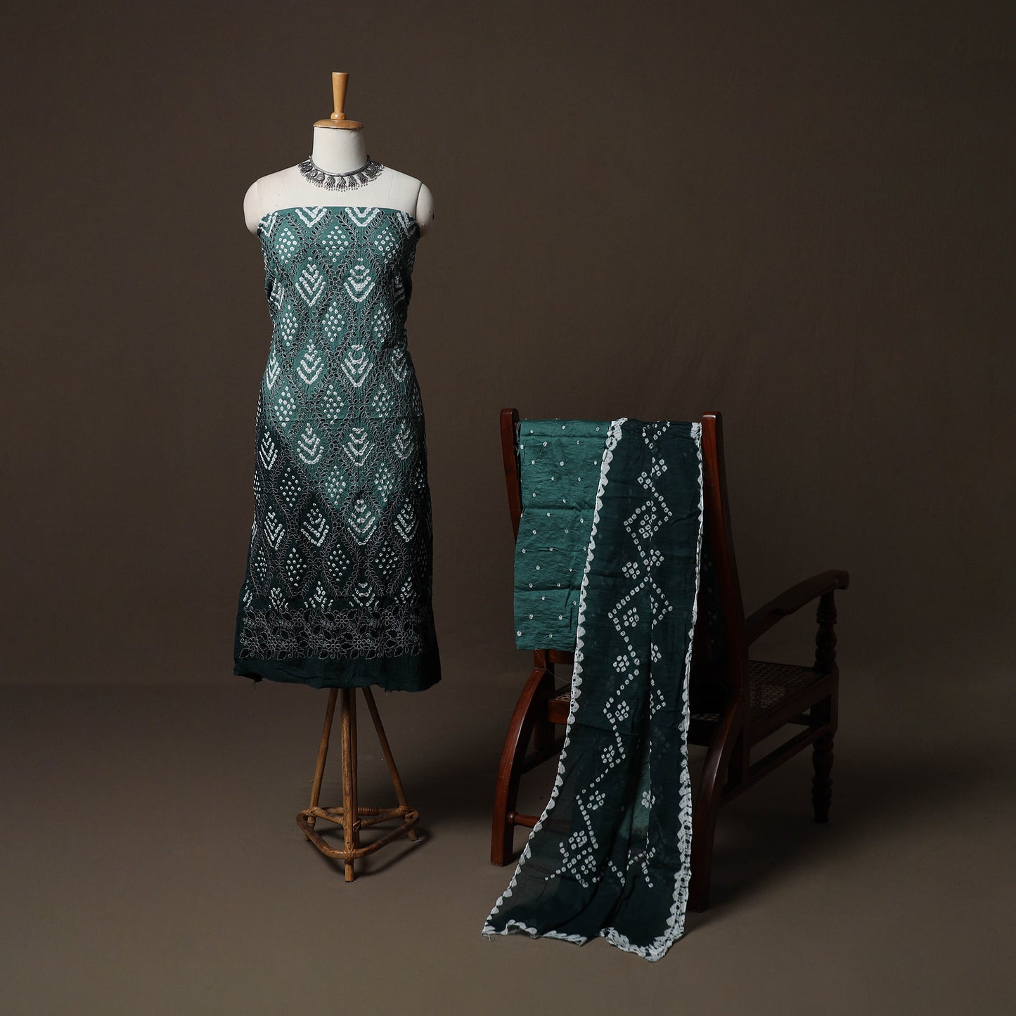 Green - Kutch Tie-Dye Cotton Satin 3pc Unstitched Bandhani Dress Material Suit Set 35