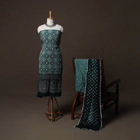 Green - Kutch Tie-Dye Cotton Satin 3pc Unstitched Bandhani Dress Material Suit Set 36