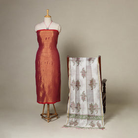 Brown - 2pc Unstitched Fine Tissue Zari Plain Dress Material with Jewellery Set 09