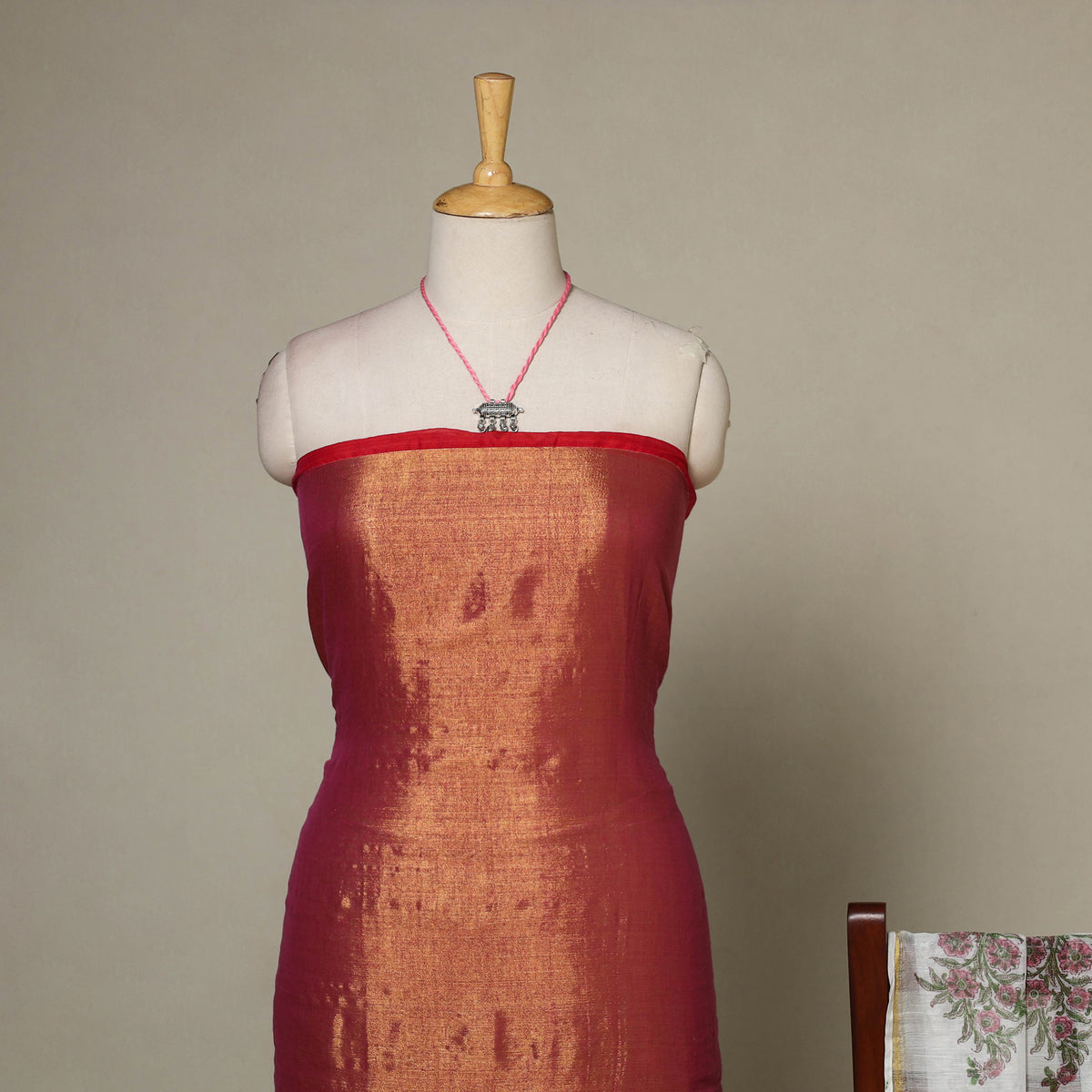 Brown - 2pc Unstitched Fine Tissue Zari Plain Dress Material with Jewellery Set 09