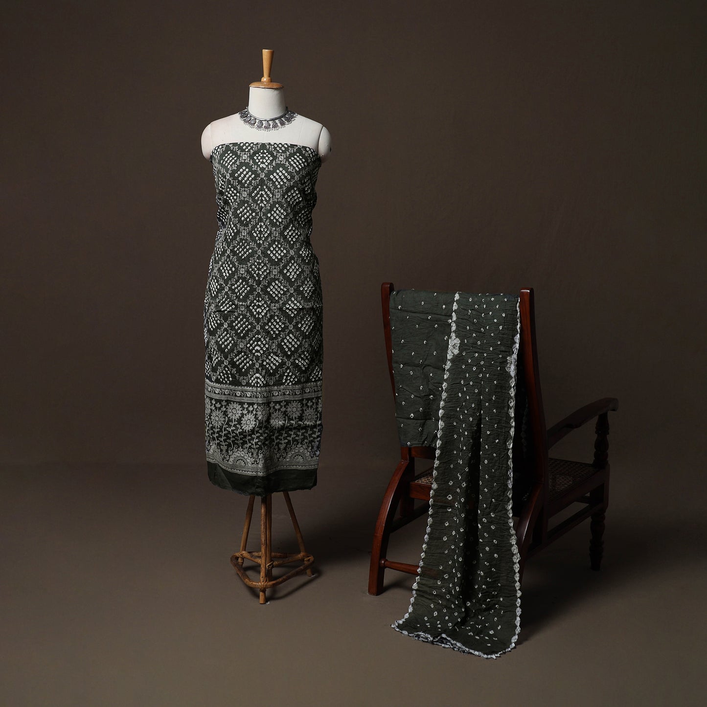 Grey - Kutch Tie-Dye Cotton Satin 3pc Unstitched Bandhani Dress Material Suit Set 37
