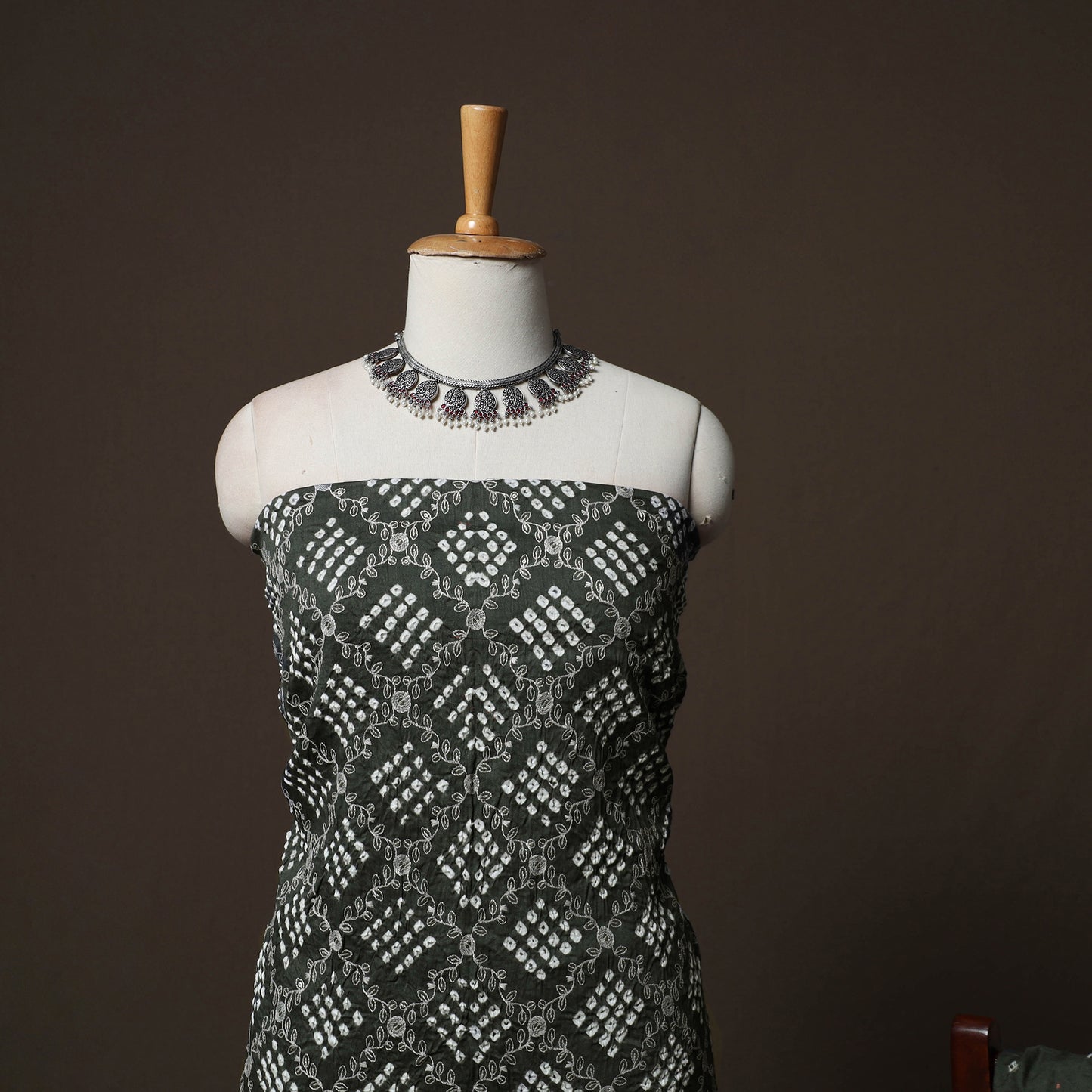 Grey - Kutch Tie-Dye Cotton Satin 3pc Unstitched Bandhani Dress Material Suit Set 37