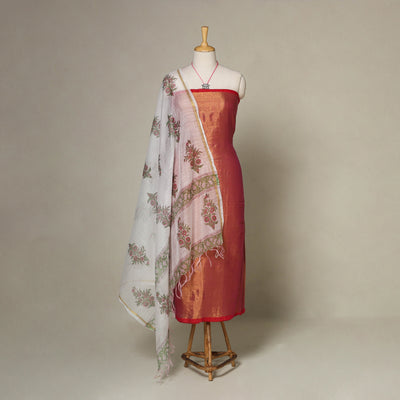 Brown - 2pc Unstitched Fine Tissue Zari Plain Dress Material with Jewellery Set 09