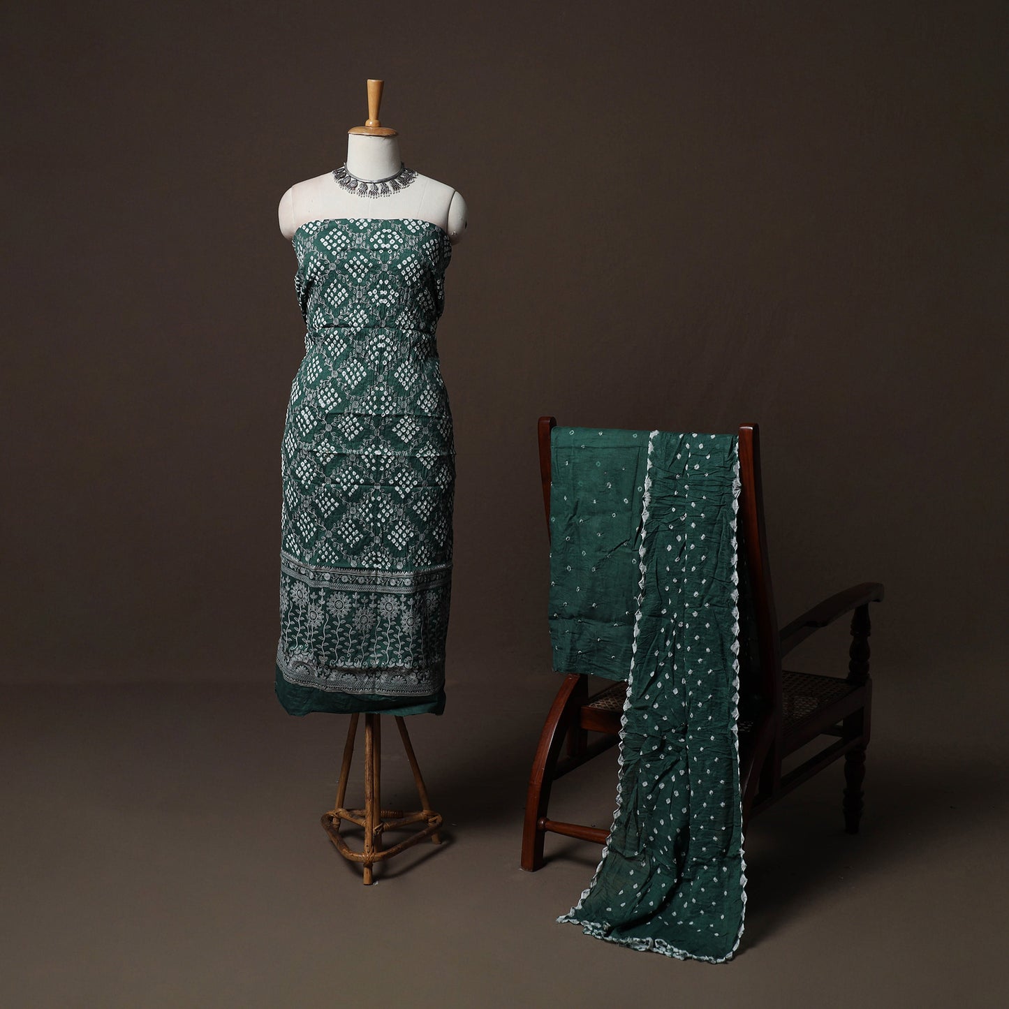 Green - Kutch Tie-Dye Cotton Satin Sequin Work 3pc Unstitched Bandhani Dress Material Suit Set 38