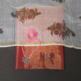 Brown - 2pc Unstitched Fine Tissue Zari Plain Dress Material with Jewellery Set 09