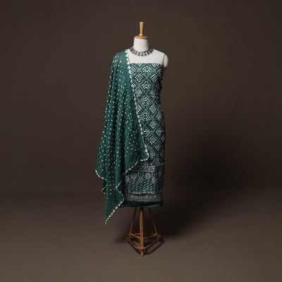 Green - Kutch Tie-Dye Cotton Satin Sequin Work 3pc Unstitched Bandhani Dress Material Suit Set 38