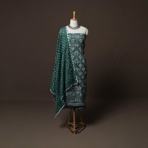 Green - Kutch Tie-Dye Cotton Satin Sequin Work 3pc Unstitched Bandhani Dress Material Suit Set 38