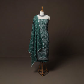 Green - Kutch Tie-Dye Cotton Satin Sequin Work 3pc Unstitched Bandhani Dress Material Suit Set 38