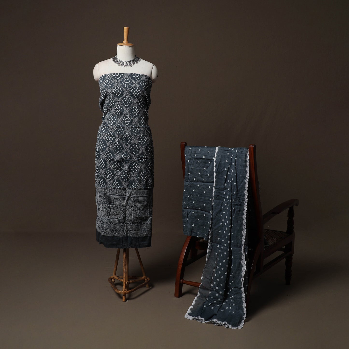 Grey - Kutch Tie-Dye Cotton Satin 3pc Unstitched Bandhani Dress Material Suit Set 40
