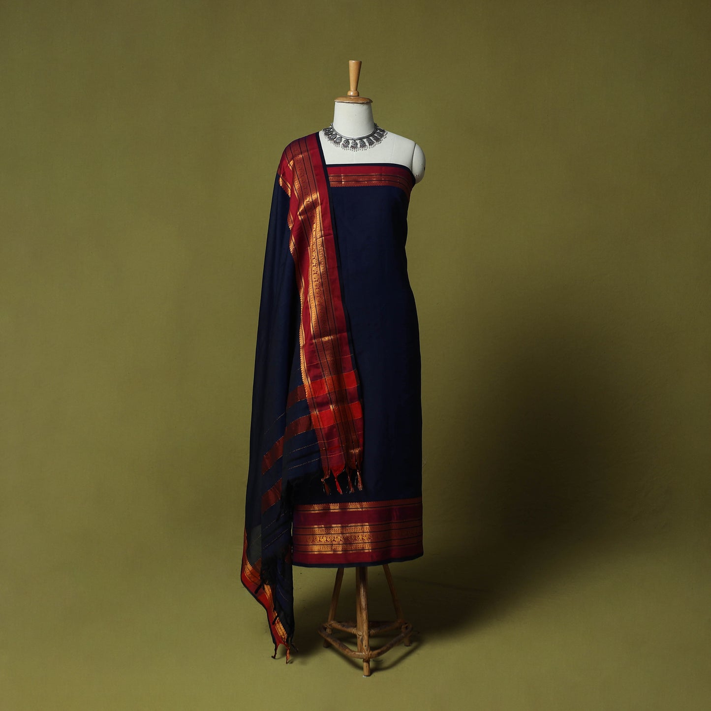 Dharwad Semi Cotton 3pc Unstitched Dress Material Suit Set with Woven Zari Border 14