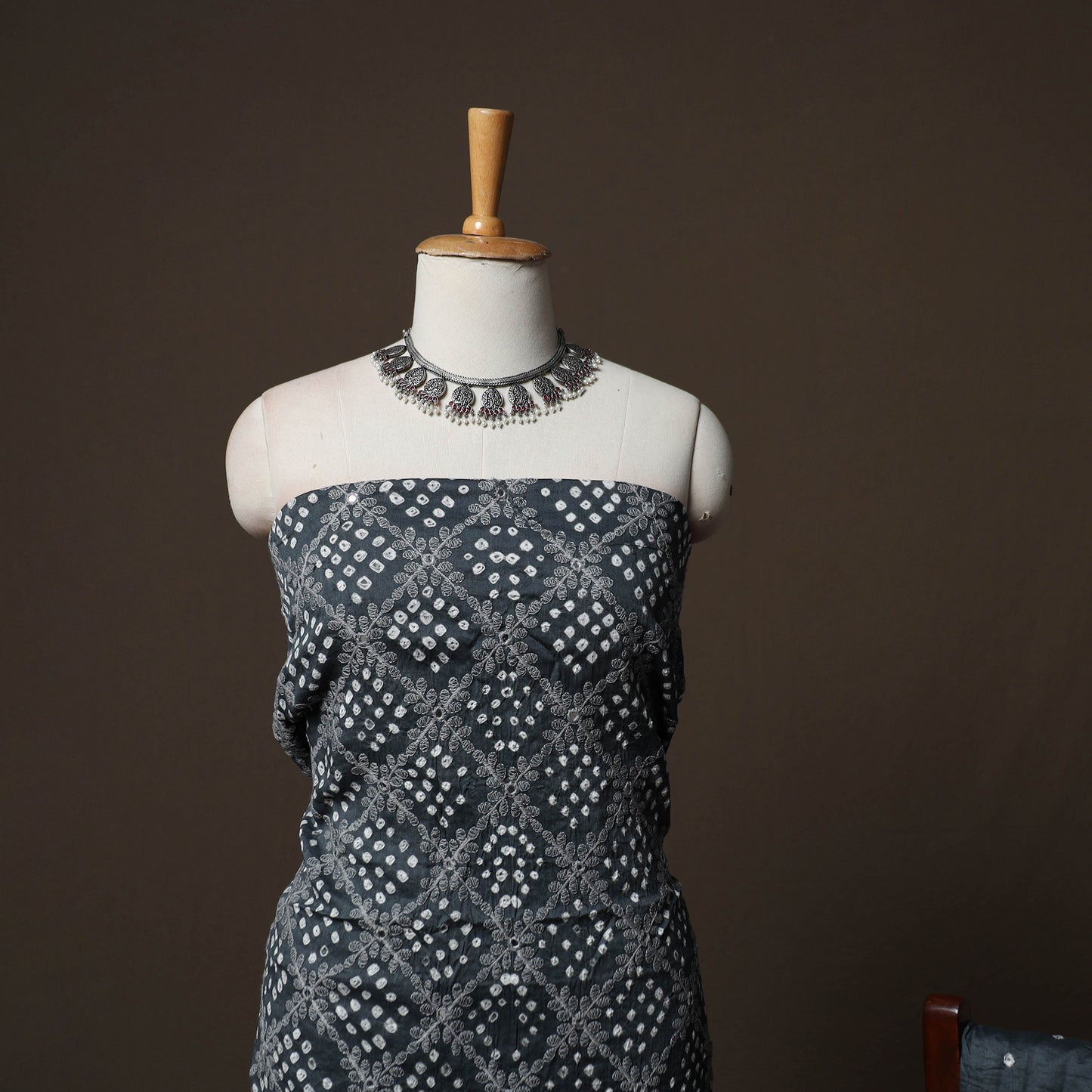 Grey - Kutch Tie-Dye Cotton Satin 3pc Unstitched Bandhani Dress Material Suit Set 40