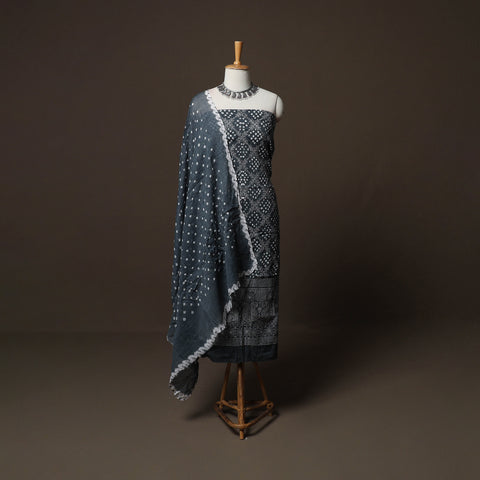 Grey - Kutch Tie-Dye Cotton Satin 3pc Unstitched Bandhani Dress Material Suit Set 40
