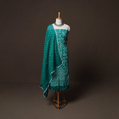 Green - Kutch Tie-Dye Cotton Satin 3pc Unstitched Bandhani Dress Material Suit Set 41