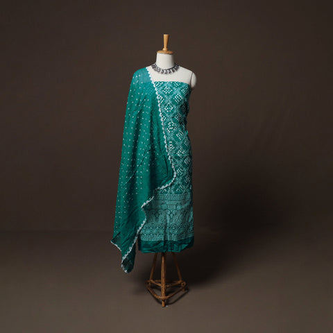 Green - Kutch Tie-Dye Cotton Satin 3pc Unstitched Bandhani Dress Material Suit Set 41